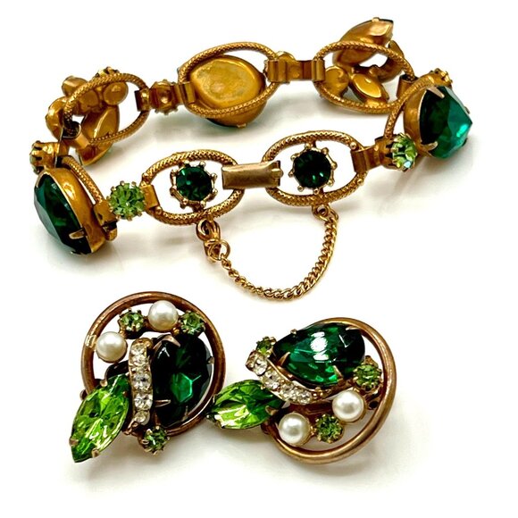 Juliana D&E Gold Light Dark Green Drop Rhinestone Cluster Bracelet Earrings Set - Picture 2 of 11